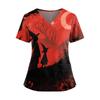 Women's Halloween Print V Neck Short Sleeve Nurse Top with Dual Pockets and Side Slits Medical Uniform Shirt for Caregivers