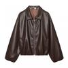Womens Loose Lantern Sleeve Faux Leather Jacket Turn-down Collar Zip-up Casual Short Streetwear