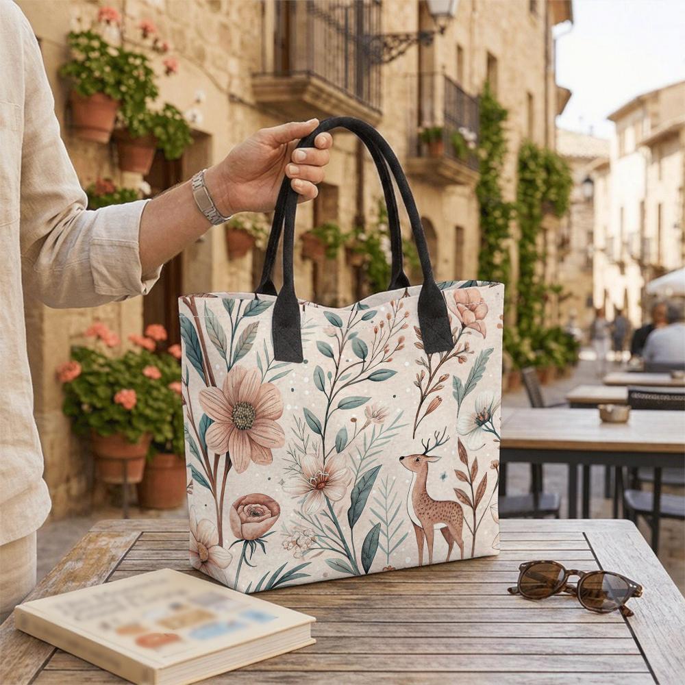 Floral Deer Print Tote Bag Cute Casual Large Capacity Shoulder Handbag for Daily Use