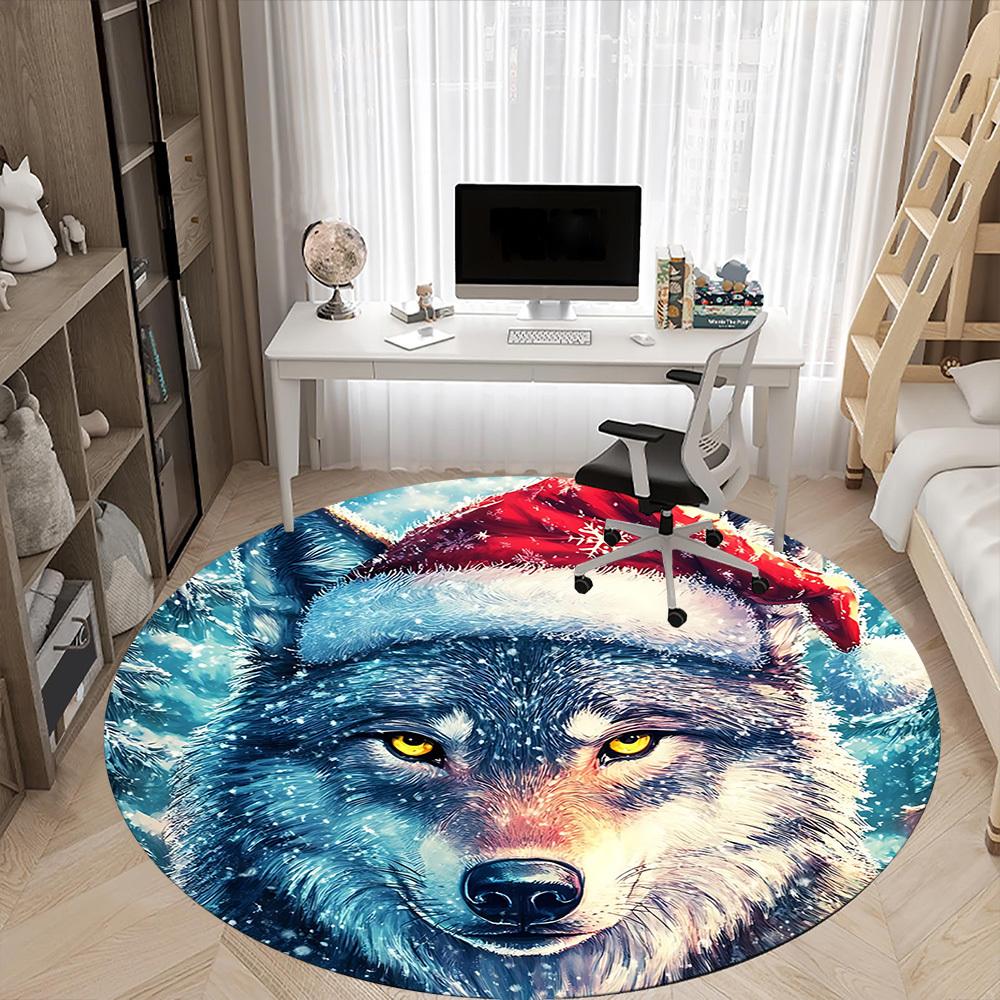1pc Winter Wolf Office Round Area Rug, Indoor Mat Suitable ForOffice, Under Office Chairs Bedroom Living Room Home Decor, Room Deco T038
