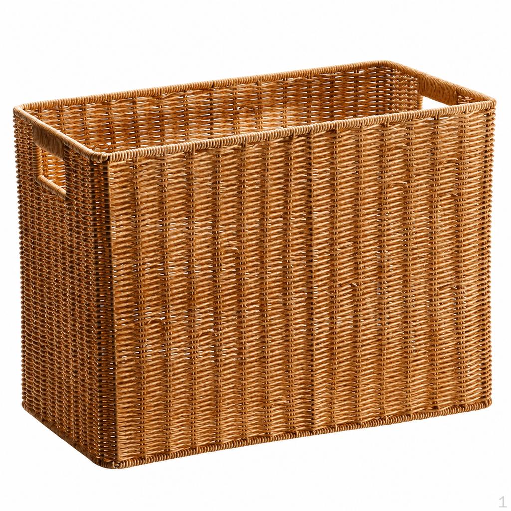Woven Storage Baskets, Rectangular Wicker Basket with CutOut Handles, Tan Synthetic Rattan for