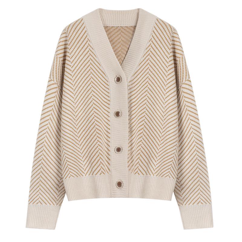 V-Neck Diamond Stripe Knit Cardigan Jacket - Autumn/Winter Loose Fit Women's Forest Style
