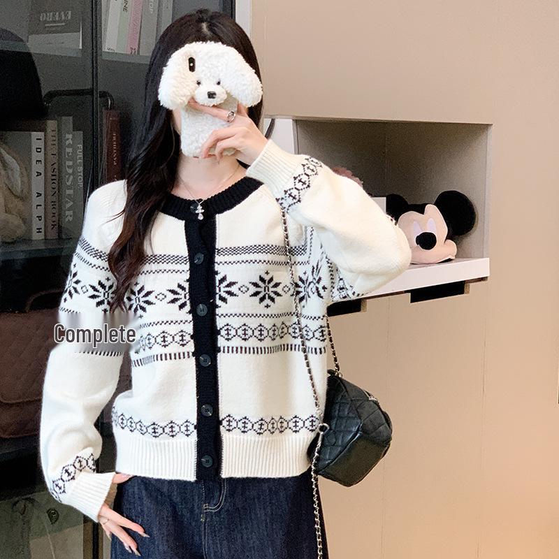 2025 Autumn/Winter Retro Color Block Fair Isle Loose Knit Sweater Cardigan for Women