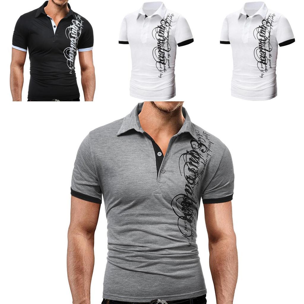 Elegant Men's Fashion Lapel Short Sleeve Blouse Casual Letters Print T-shirt