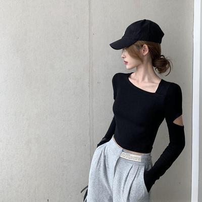 Women's Spring Black Slim-Fit Long-Sleeve Clavicle Top