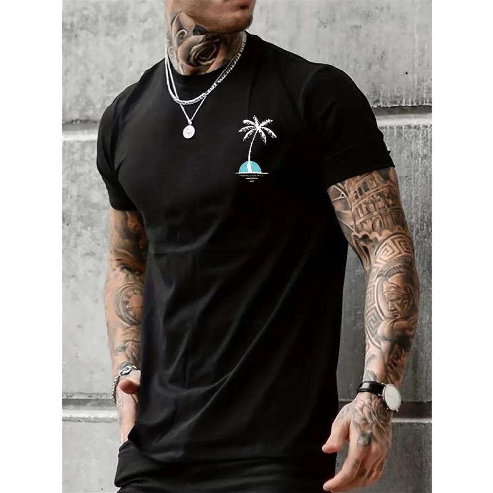Men's Summer Casual Loose Size 100% Cotton Coconut trees Print Round Neck Short Sleeve T-shirt Top