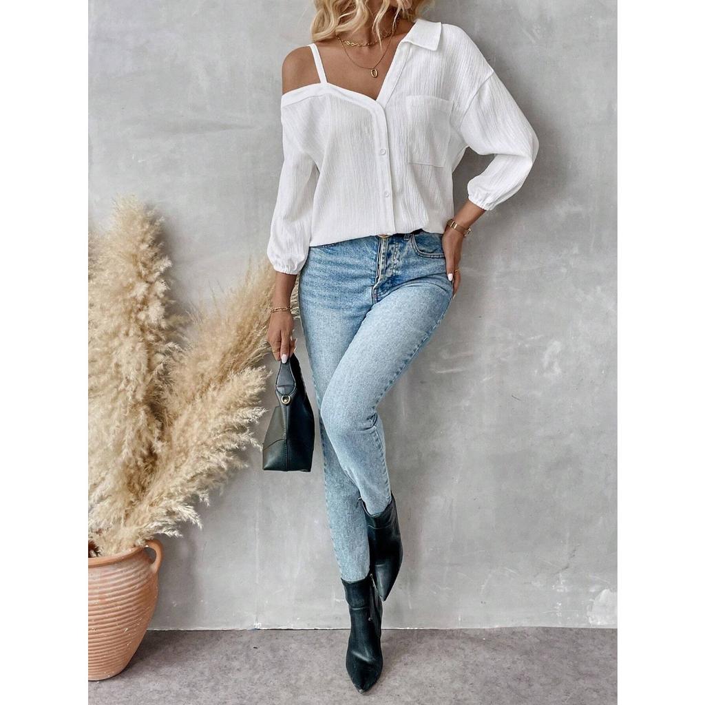 Spring Summer Lapel 3/4 Sleeve Off Shoulder Textured Single-breasted Casual Shirt Cardigan for European American Crossbody
