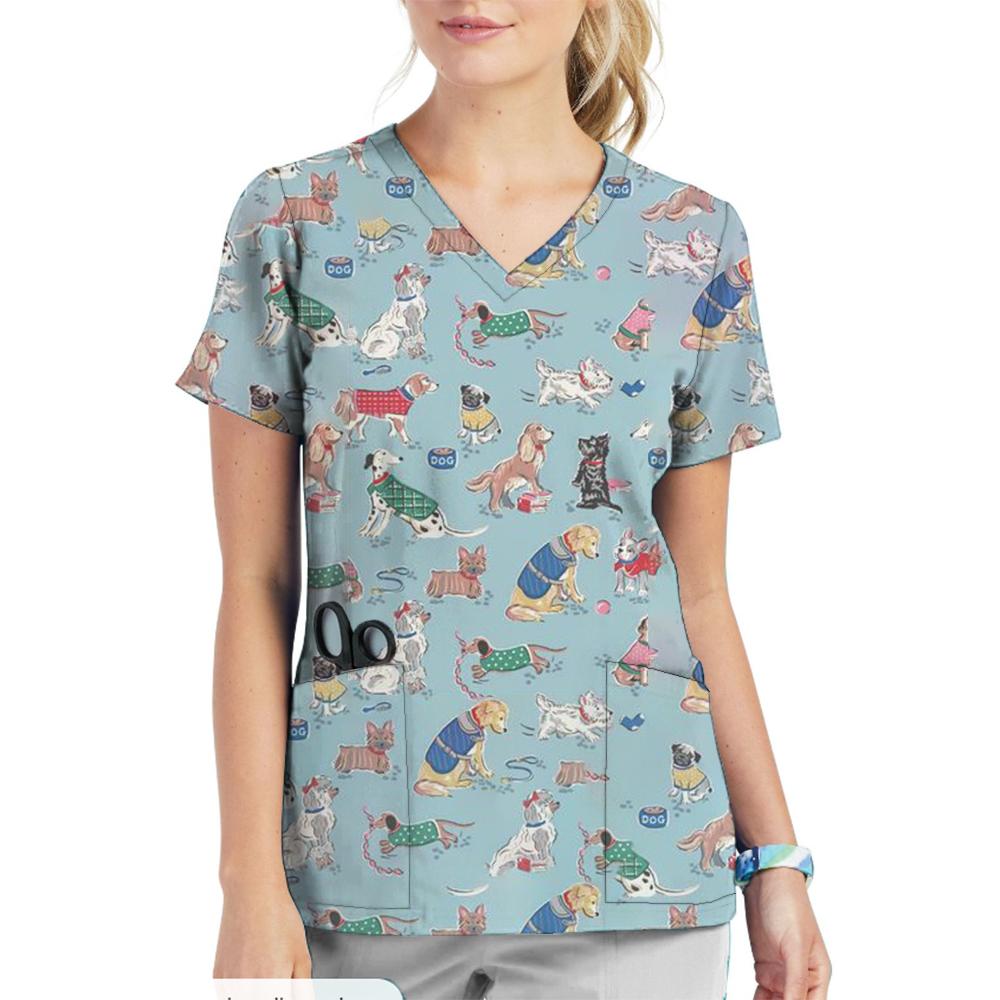 Krankenschwester Uniform V-Ausschnitt Cartoon Katze Hund Muster Bedruckte Oberteile Kurzarm Taschen Damen T-Shirts