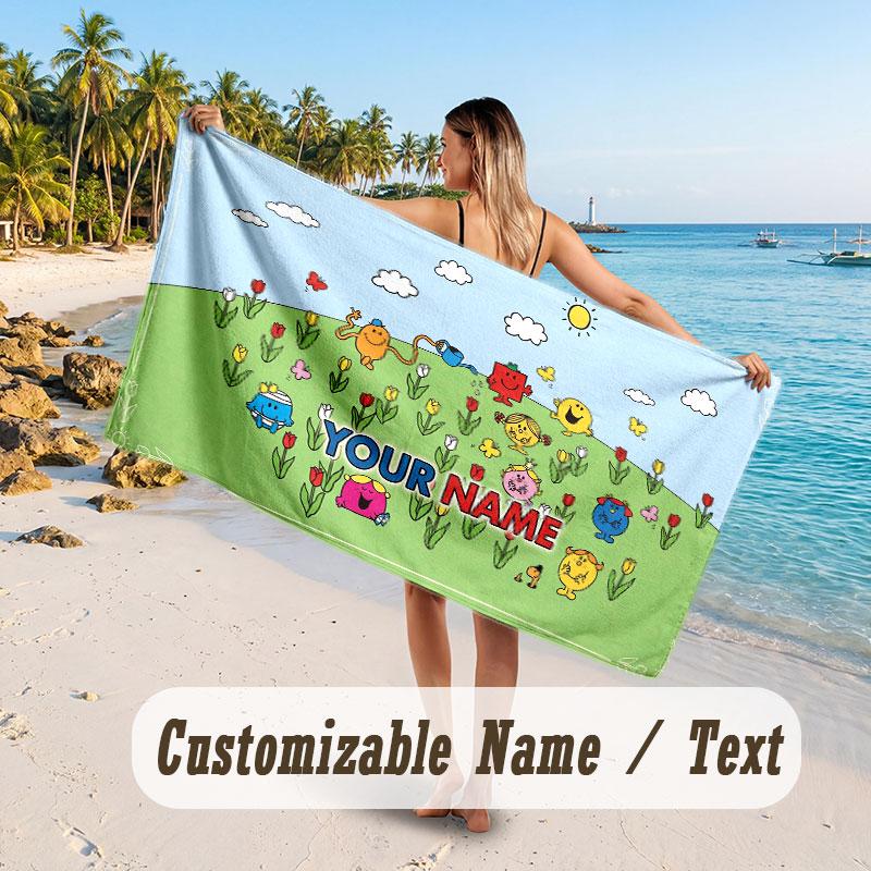 Personalized Beach Towel,Mr. Men & Little Miss Custom Printed Name Text, Super Absorbent Towel For Beach Vacation