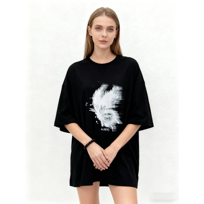 Oversized T Shirt Black Feather Print and ALBZYC Logo Casual Streetwear for Women