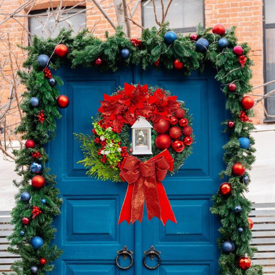 Large Christmas Wreath with Bow Ribbon Christmas Balls Lighted Artificial Pine Branches