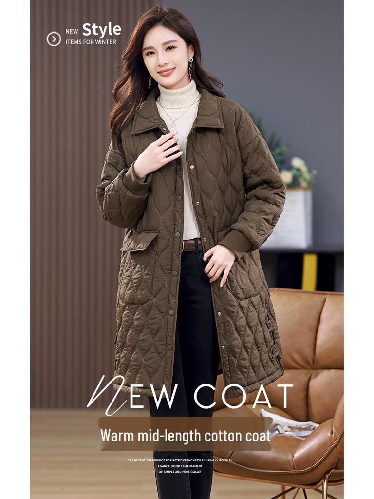 Women's Retro Argyle Cotton Mid-Length Winter Coat - Loose Casual Lapel Jacket