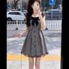 Black and White Plaid Flying Sleeves College Style Dress Women's Summer Lace Splicing Loose and Thin A-shaped Skirt Short Skirt