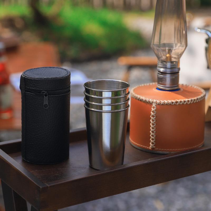 4 Stück/Set Edelstahl Taschenflasche Tasse Tragbar 30ML/70ML/150ML Weingläser mit Lederetui Outdoor Geschirr Mini Kaffee Tee Bier Tasse
