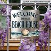 2D Flat, 1pc Vintage Coastal Metal Aluminum Plaque - Welcome To Our Beach House with Turquoise & Golden Nautical Design, Seashell & Wave Patterns