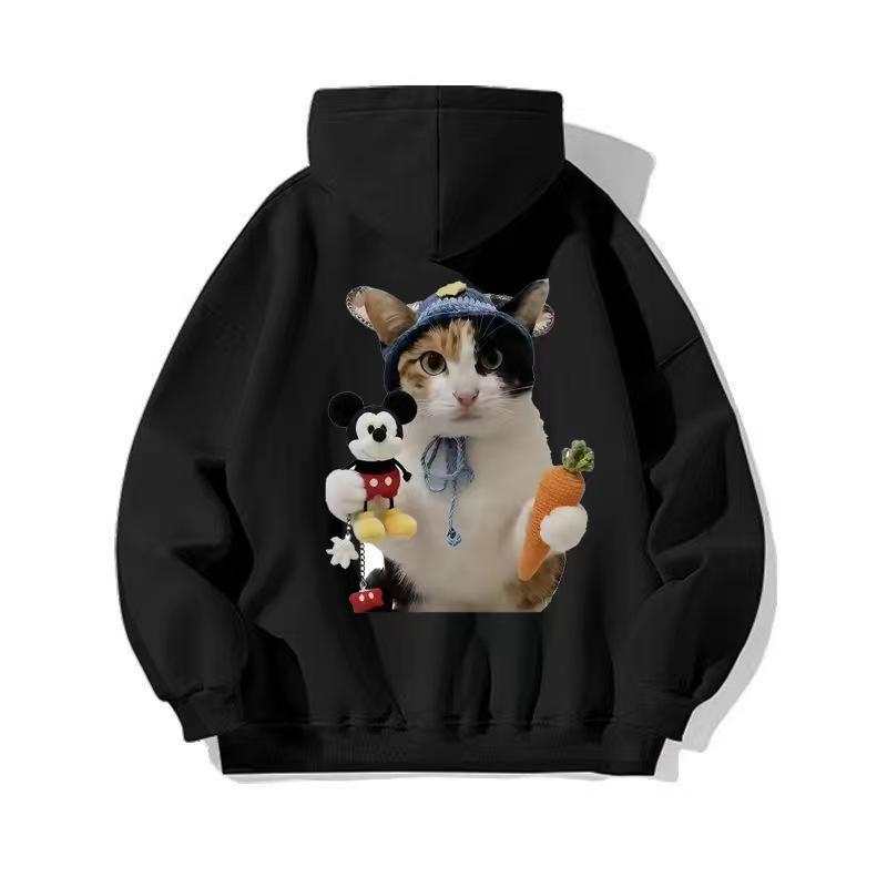 Trendy Autumn/Winter Cat Print Plush Lined Hooded Sweatshirt - Loose, Casual, Versatile Jacket