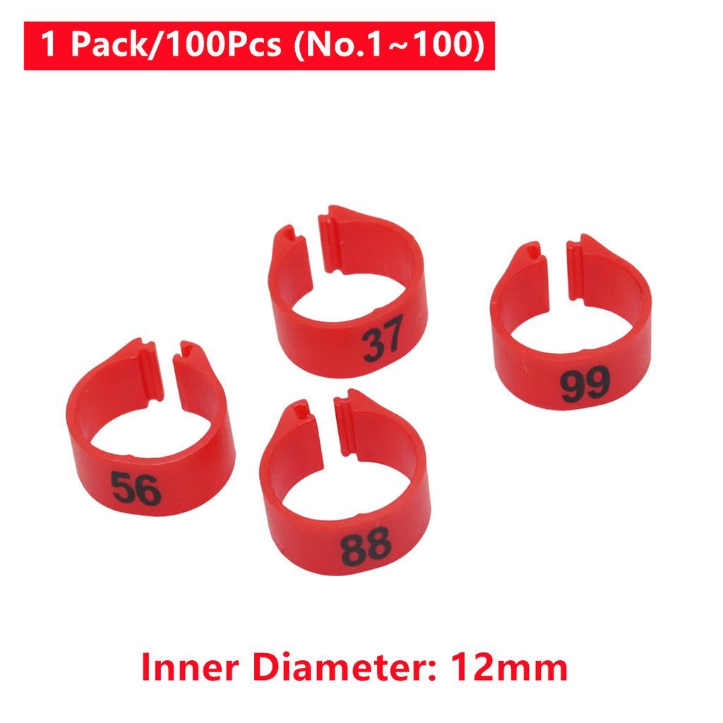 1 Pack/100Pcs Digital Plastic Bird Clip Foot Rings Inner Diameter 12mm Pigeon Quail Identification Leg Rings No.1~100 10 Colors