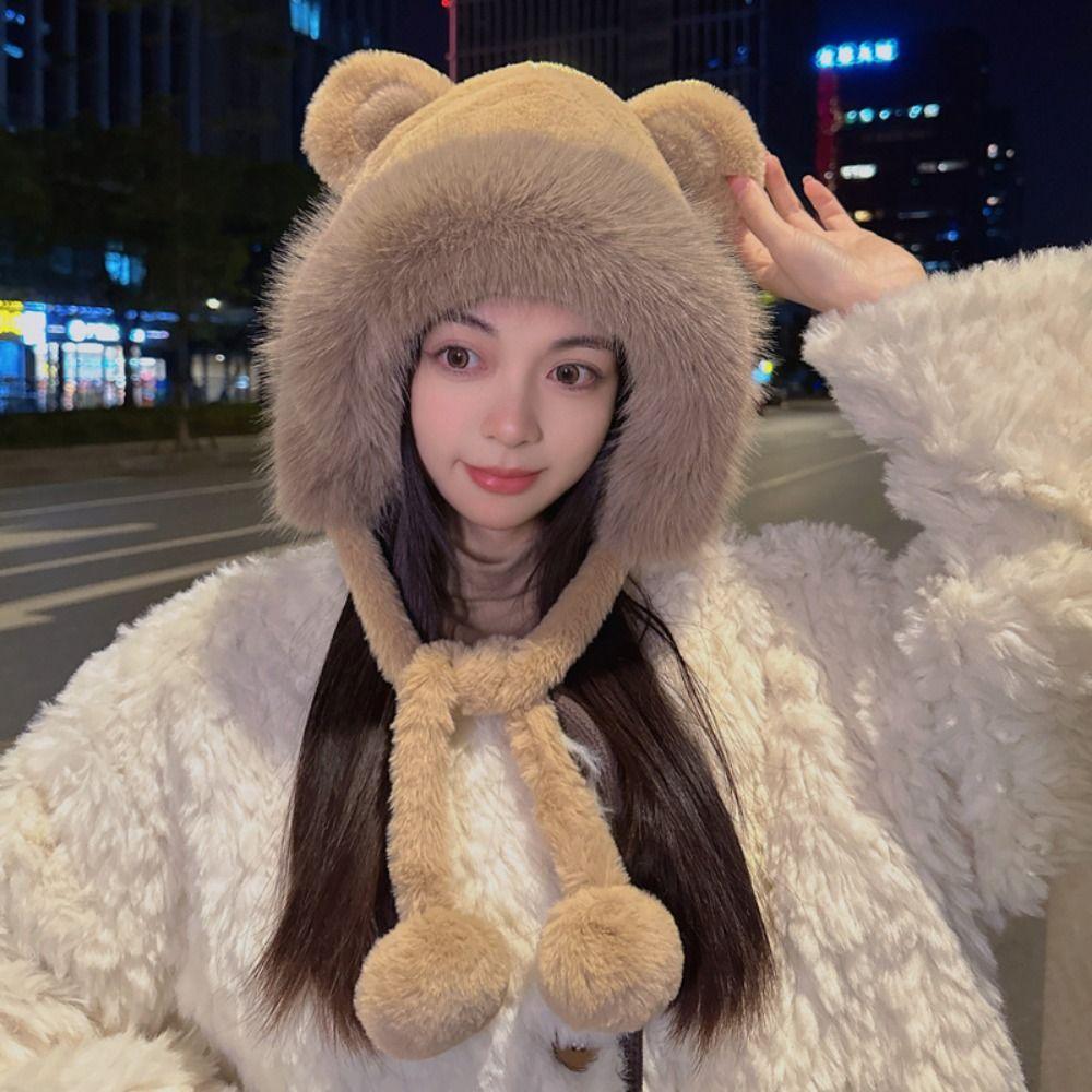 Warm Cute Bear Ear Hat Korean Women Fluffy Hats Fashion Faux Fur Bucket Hat  Lady
