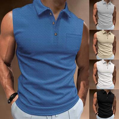 Men Lapel Summer Tank Top Button Lapel Solid Color Casual Sleeveless Tank Top T-Shirt With Pocket