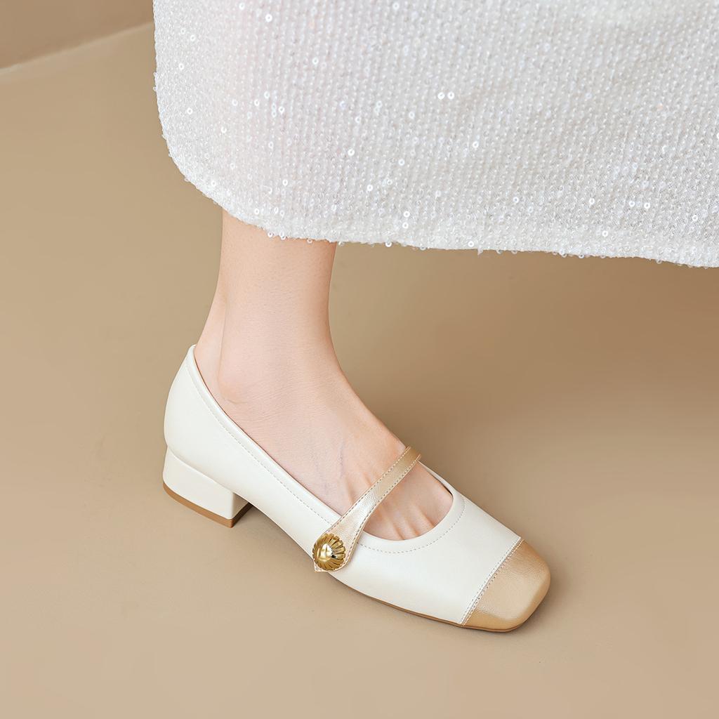 Square head single shoes women's summer word with thick heel color matching light mouth Mary Jane shoes