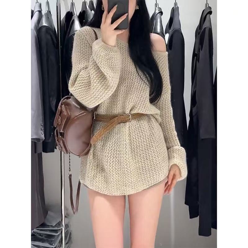 Autumn and Winter Soft Waxy Atmosphere Artifact Lazy Hollow Word Shoulder Pullover Sweater Women's Medium and Long Off-the-shoulder Knitting Versatile