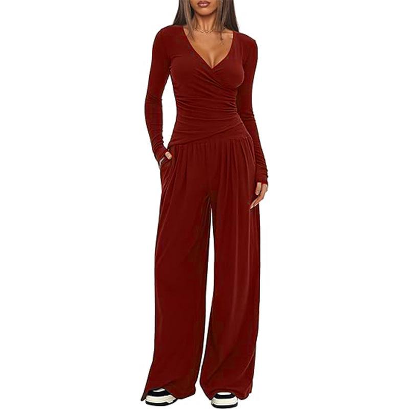 Solid Color V-Neck Knit 2-Piece Set: Long Sleeve Top & Wide Leg Pants