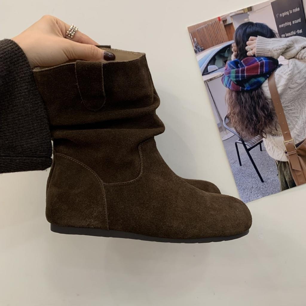 Retro pleated Maillard short boots, new casual and thin short tube inner heightening stacking boots, Martin boots