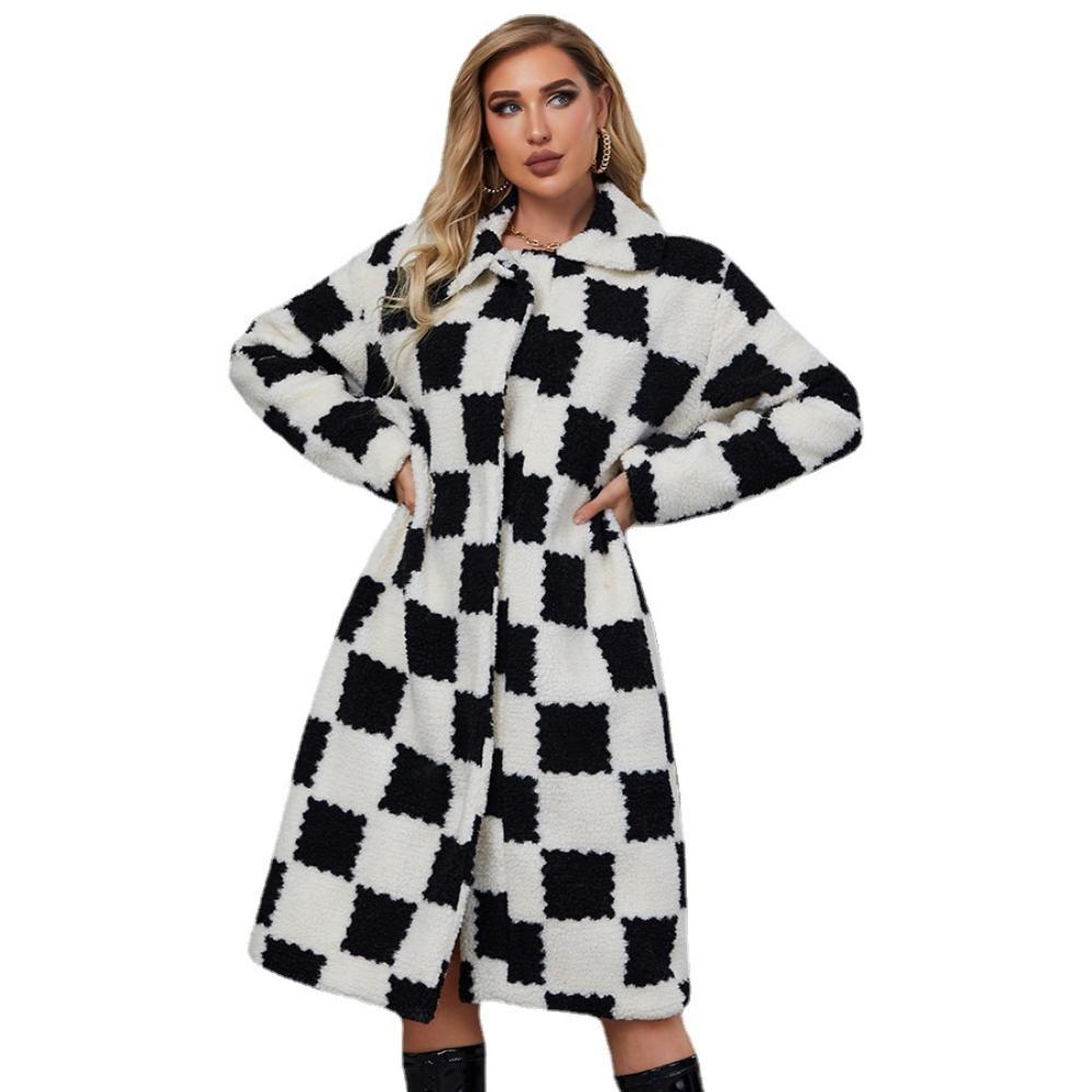 2025 New Faux Fur Coat Women's Mid To Long Black and White Checkered Women's Coat