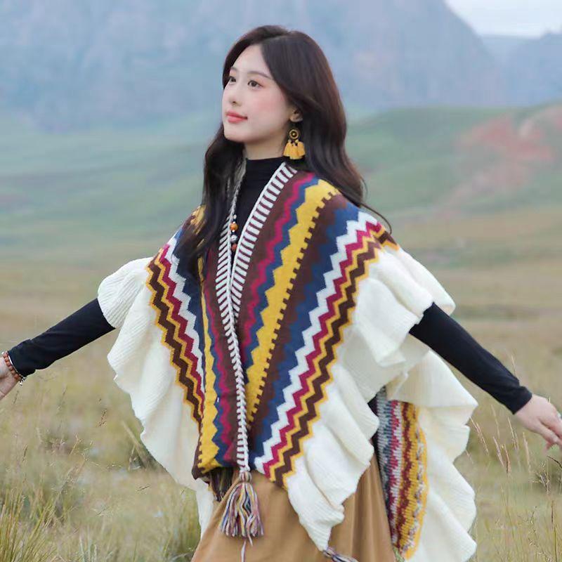 Flowers Embroidered Rainbow Knitted Shawl Spliced Ruffles Sweater Coat Irregular Gauze Ruched Scarf Cape Cardigan Poncho