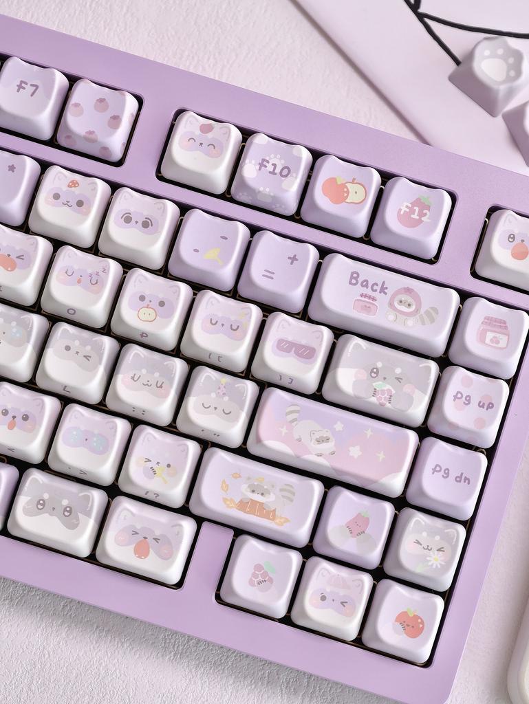 MAIMOOO 141 Lilac Keycaps Cute Raccoon MAO PBT Full Five-Sided Sublimation Mechanical Keyboard DIY Light Purple Cat Keycap Gift