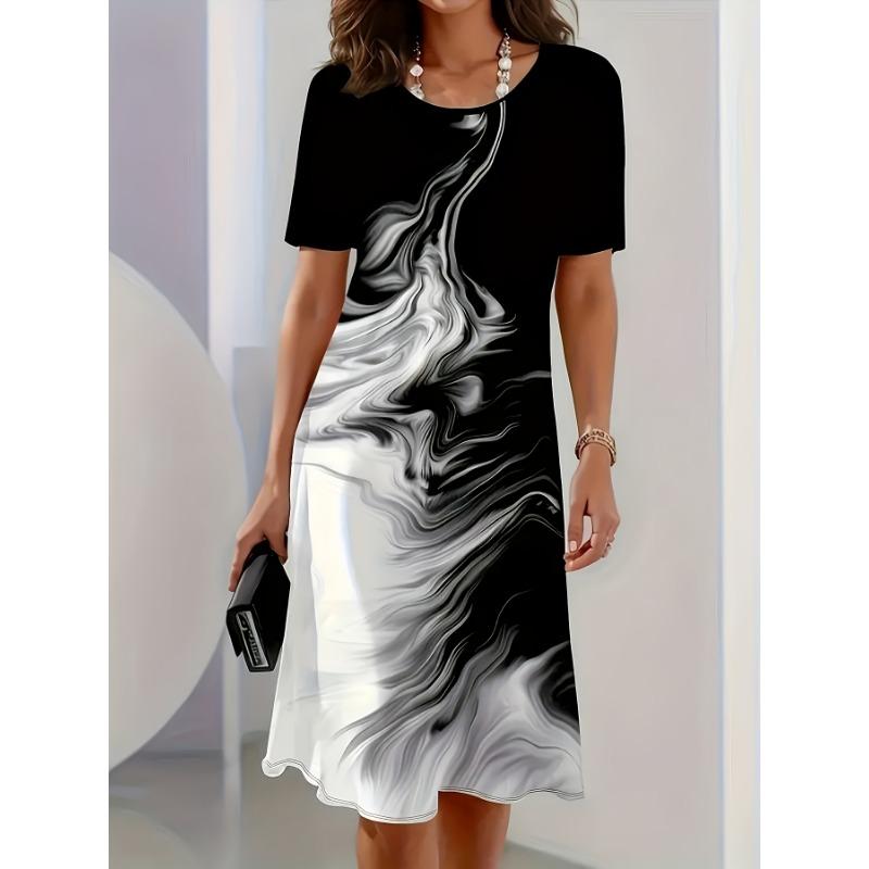 Women's Summer Dress 3D Printed T Shirt Dress Short Sleeve Casual Loose Beachwear Oversized Vacation Clothing with Round Neck