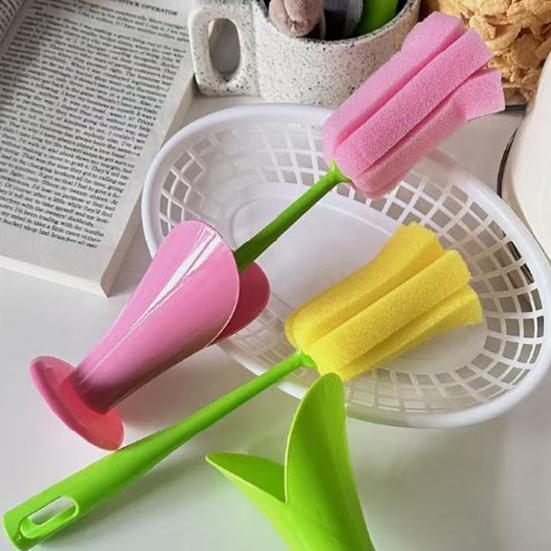 Cup Brush Tulip Shape Ergonomic Handle Cleaning Brush Scratch-Free Sponge Brush Decorative Vase Cleaner
