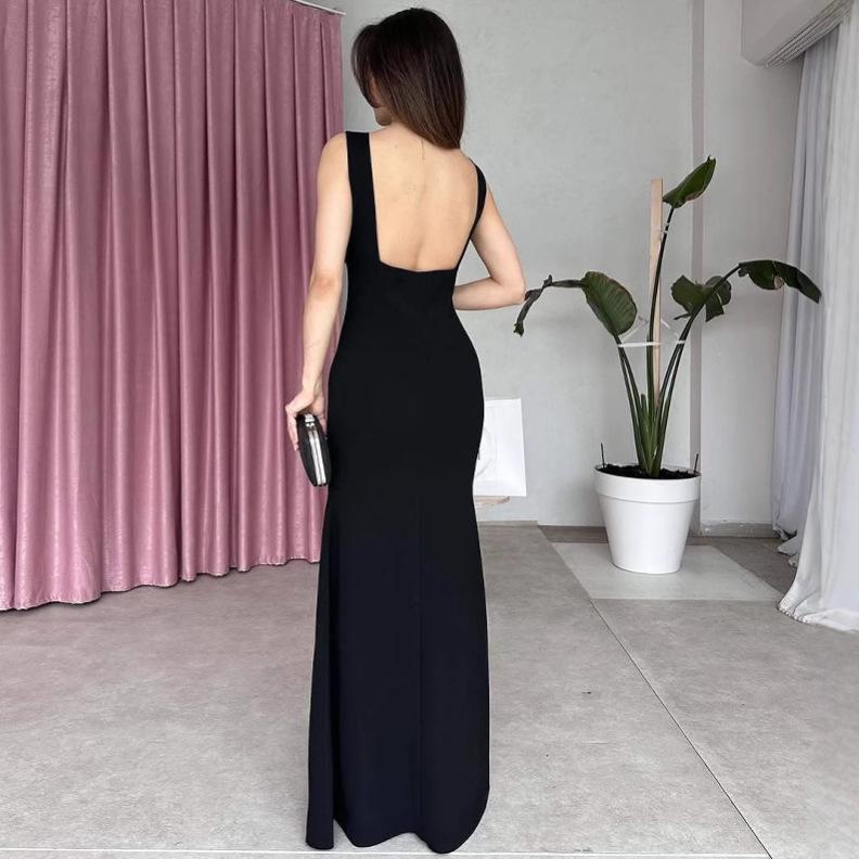 2025 Summer Women's Backless Crew Neck Sleeveless Solid Color Bodycon Dress