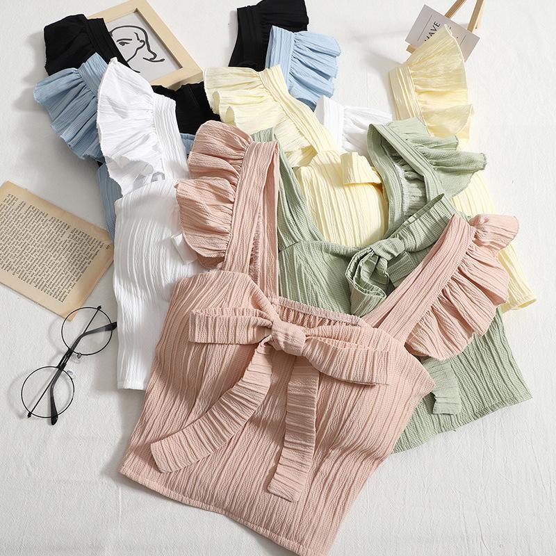 Damen Tanktop Süß Kurz Einfarbig Schleife Neckholder Kurz Rüschen Weste Tops