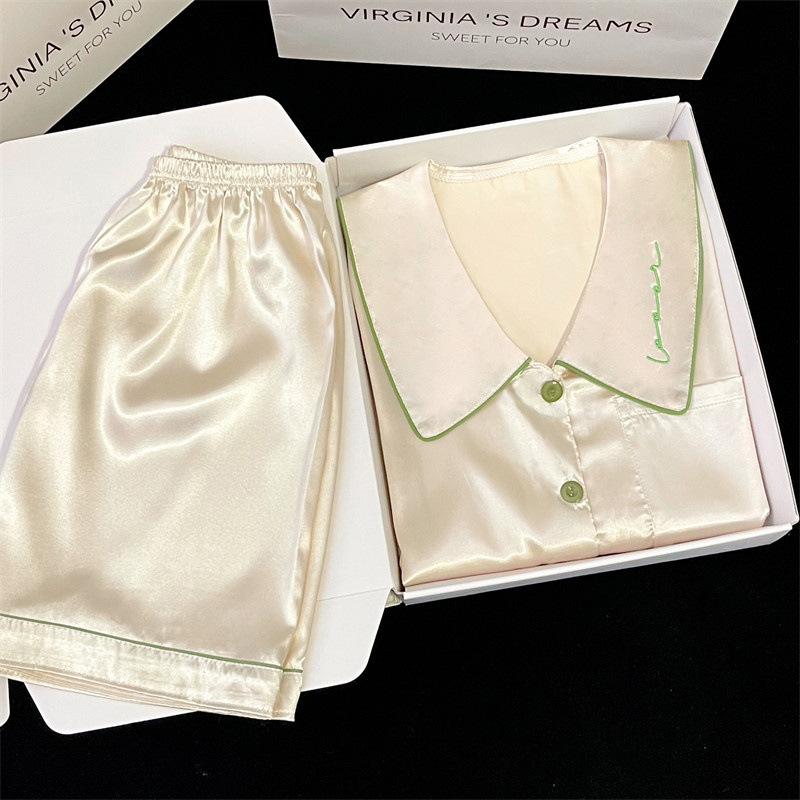 Japanese-Style High-End Cardigan Pajamas Women'S Spring And Summer Ice Silk Short-Sleeved Shorts Loungewear Two-Piece Set