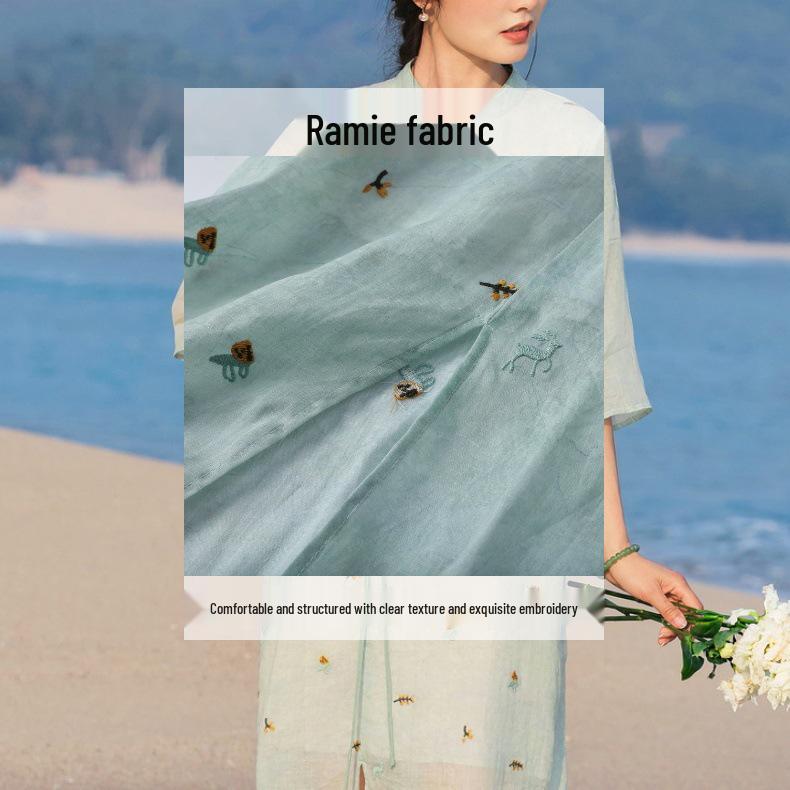 2026 Summer Women's Linen Embroidered Stand Collar Mid-Sleeve Qipao Dress with Slit