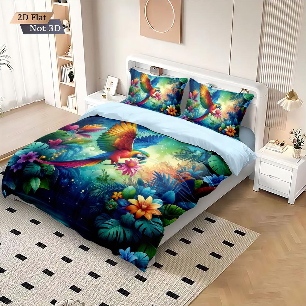 3-teiliges Bettwäsche-Set mit tropischem Regenwald-Papagei-Tierdruck ohne Chips, Mehrere Größen, Bettwäschedekoration, Weich und Bequem für Schlafzimmer