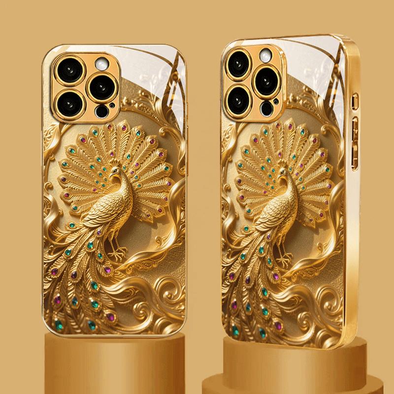 Luxurious peacock patterned electroplated glass phone case suitable for iPhone 17 16 15 14 13 12 11 Pro/Max/Plus shockproof