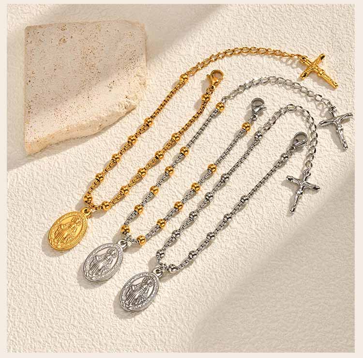 Religious Jesus Cross Rosary Bracelet for Women, Stainless Steel Virgin Mary Charms Bracelets Gold Plated Prayer Jewelry