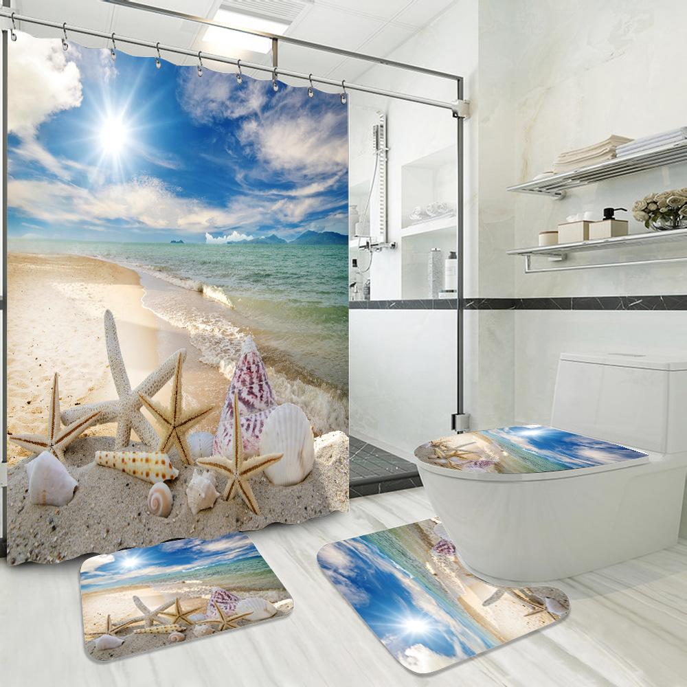 Blue Fishing Net And Whelk 3D Printed Waterproof Shower Curtain Non Slip Rugs Mat Polyester Fabric Waterproof With Hooks