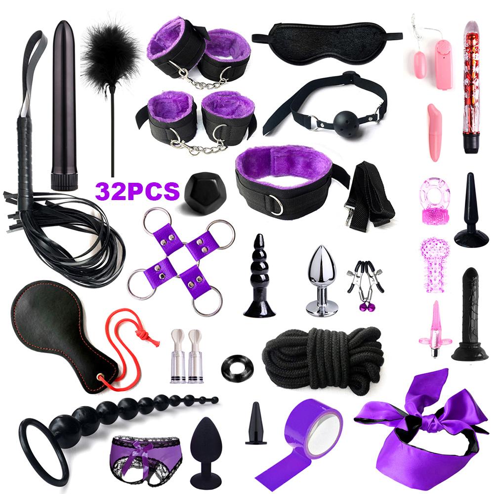 Fetish BDSM Kit Set Sex Toy Handcuffs for Woman Adult Supplies Handcuffs Whip Anal Plug Vibrator Bondage Rope Sexual Sexy Game