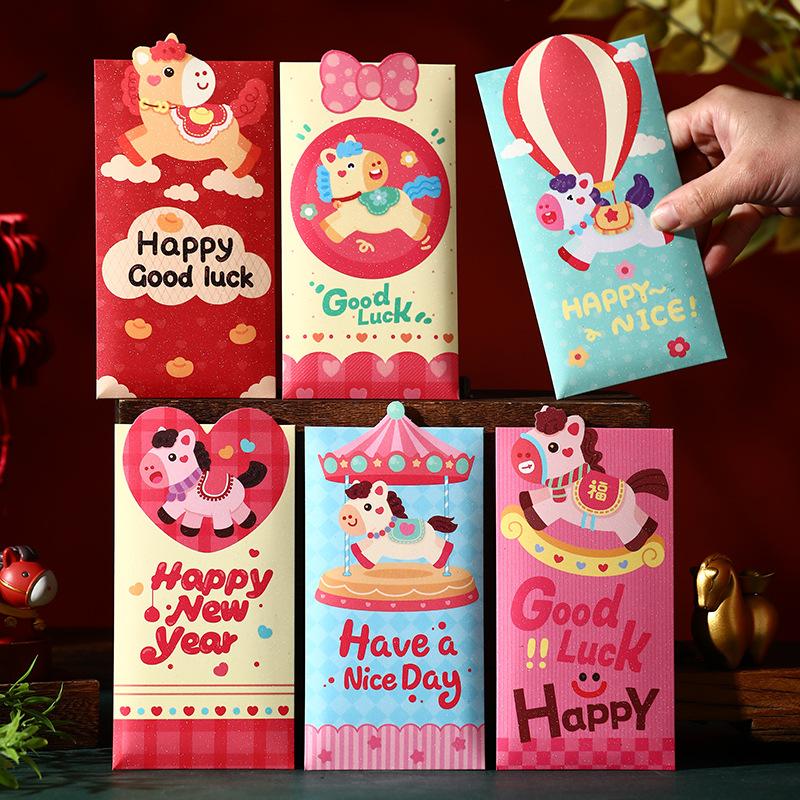 6Pcs 2026 Horse Year Cartoon Zodiac Horse Patten Lucky Red Envelope Creative Spring Festival Gift Money Envelopes Red Packet