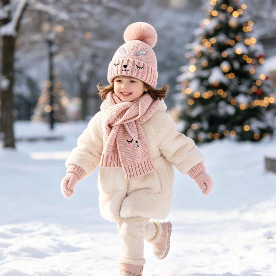 Winter Gift Set for Boys Girls Hat Gloves Scarf Kids, Warm Knitted Pompom Hat, Cute And Kids Bunny Embroidery, Cozy Ages 2 to 6