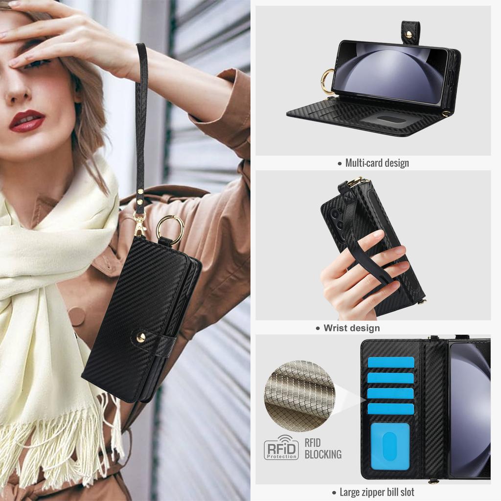 Samsung FOld7 Mobile Phone Leather Case Wristband Protective Cover Z FOld6 Carbon Fiber Business Mobile Phone Case Pen Slot