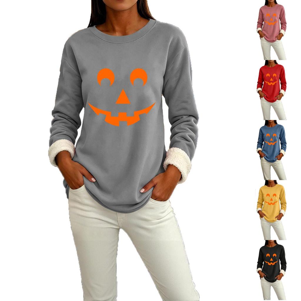 Women's Lined Long Sleeve Neck Top with Halloween Print for Winter Daily Wear