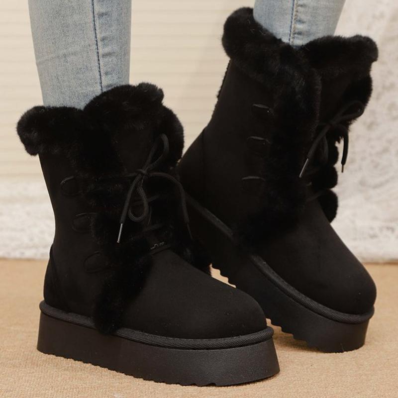 Vintage Furry Warm Snow Boots for Women Winter Platform Anti Slip Snow Boots Woman Faux Suede Lace Up Cotton Shoes Mujer