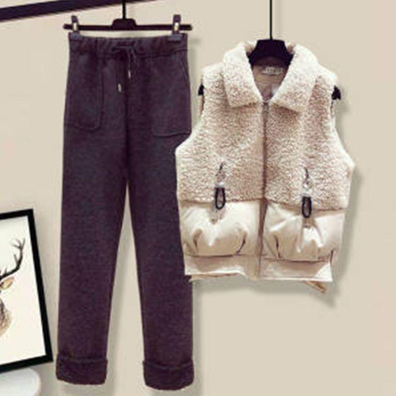 Sweet and Salty Street-Style Winter Vest, Lamb's Wool Sweatshirt, Wool Blend Pants Set: Trendy Autumn/Winter Women's Outfit, Youthful Style