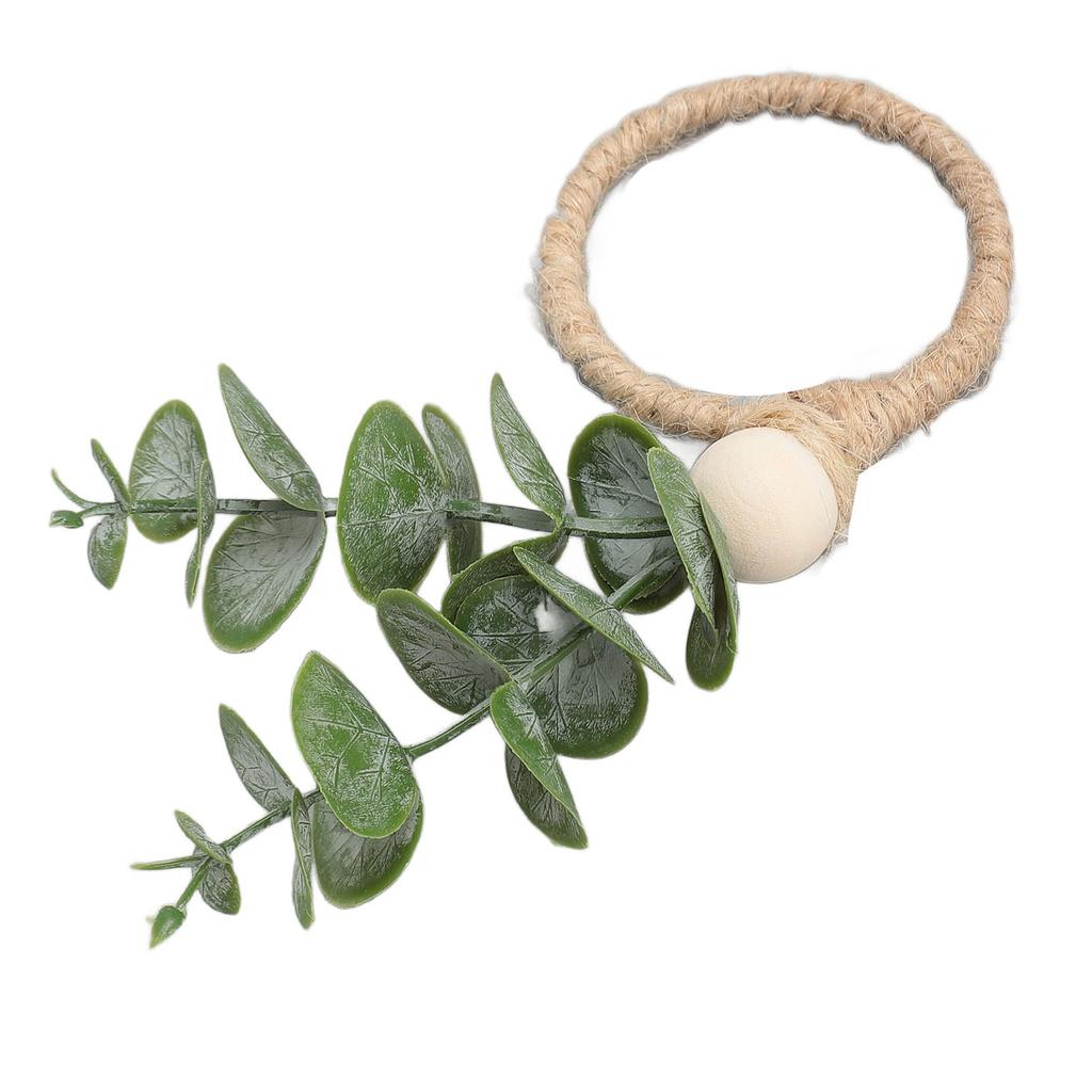 6pcs Hand Woven Faux Eucalyptus Leaf Napkin Rings Easter Spring Wooden Bead Farmhouse Napkin Rings for Weddings Christmas Party Table Decoration