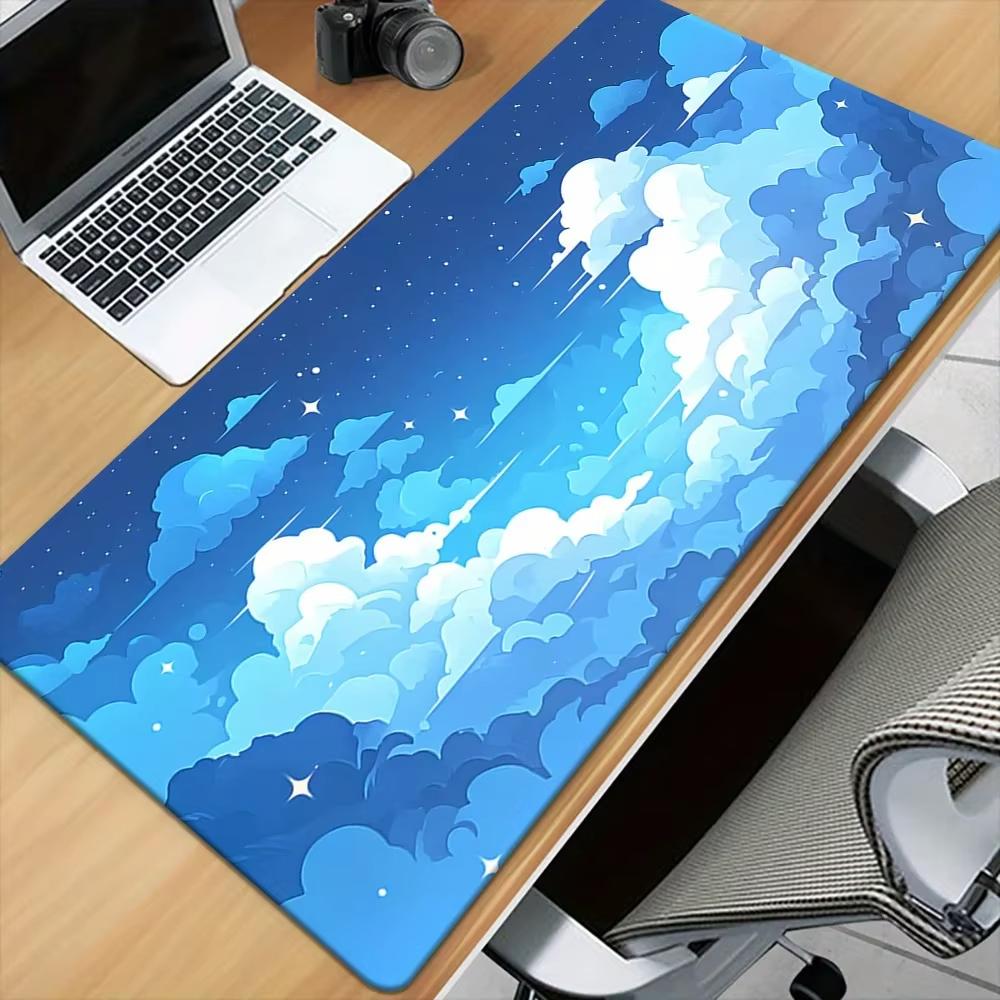 Starry Night Village Large Desk Mat, Blue Swirl Sky Moon Town Landscape Extended Gaming Mouse Pad, Non‑Slip Keyboard Table Mat
