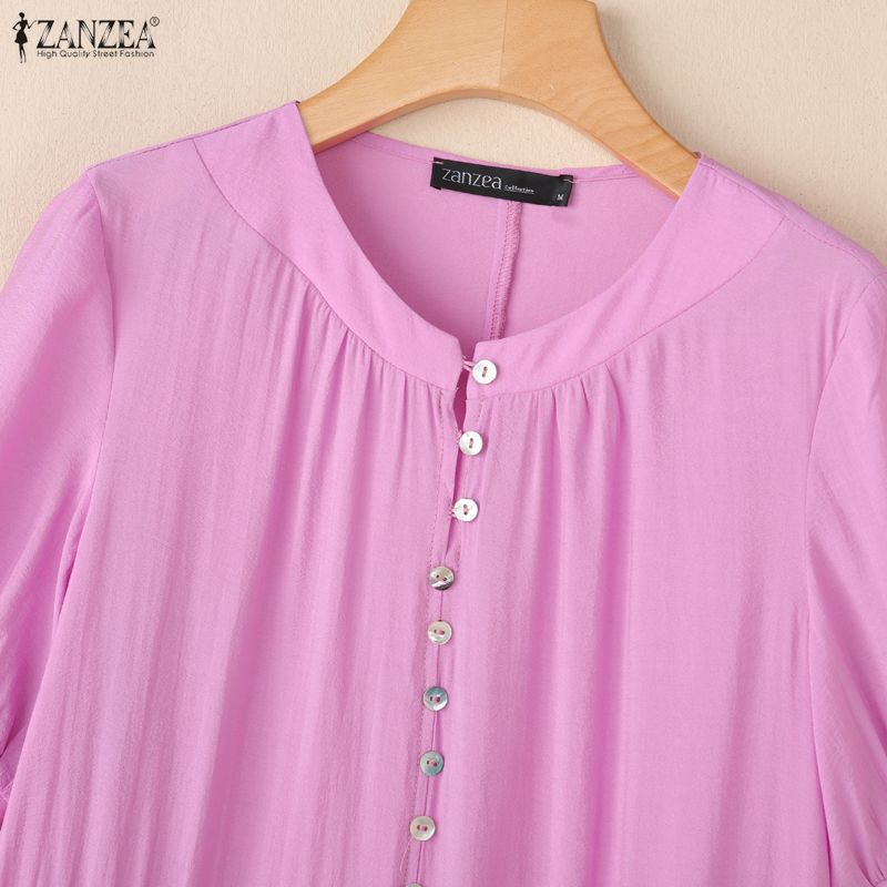 ZANZEA Women Casual Round Neck Solid Color Short Sleeve Long Dress